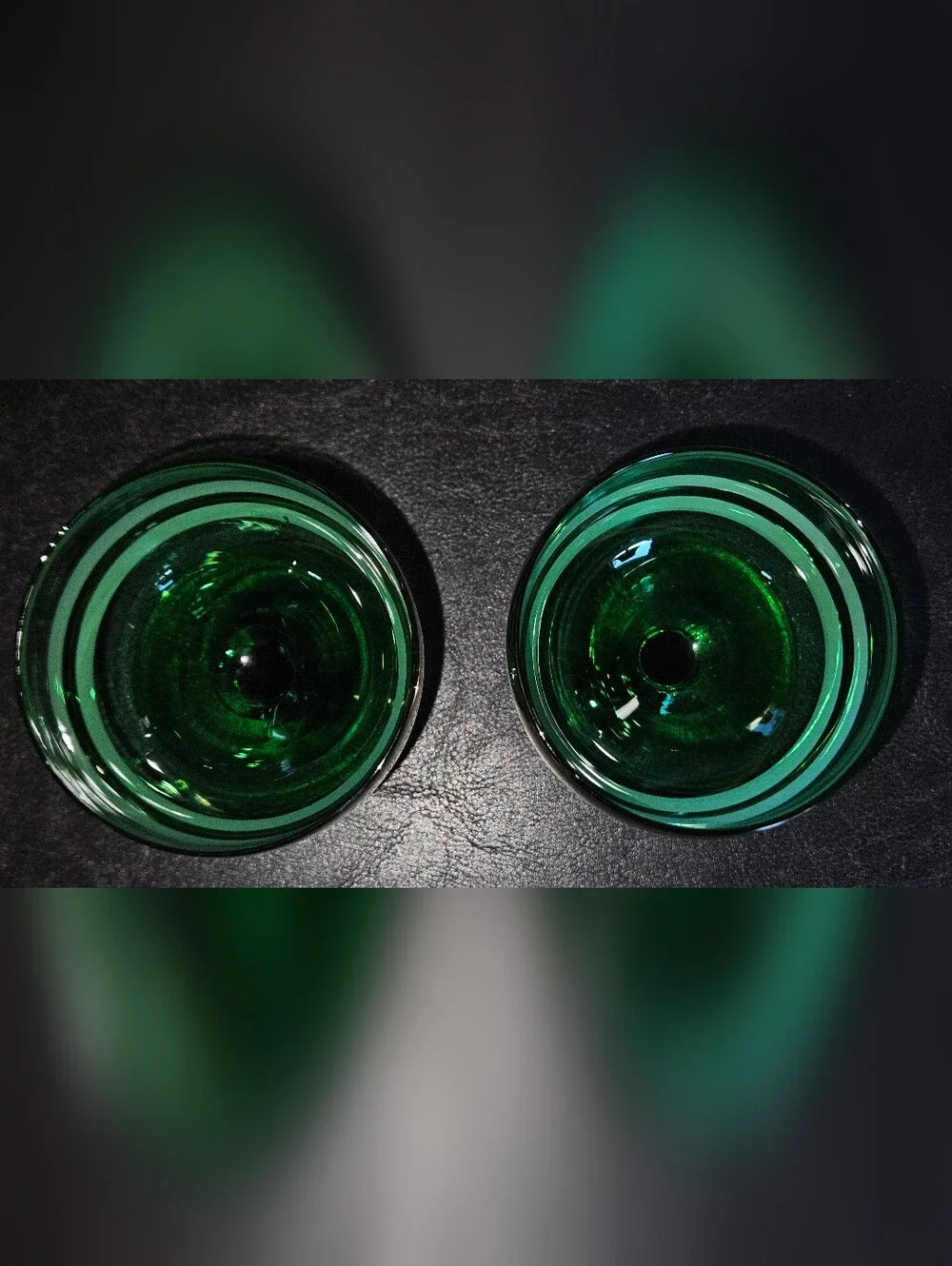 Vintage Emerald Green Coupe Glasses with White Stripe and Gold Trim- Set of 2